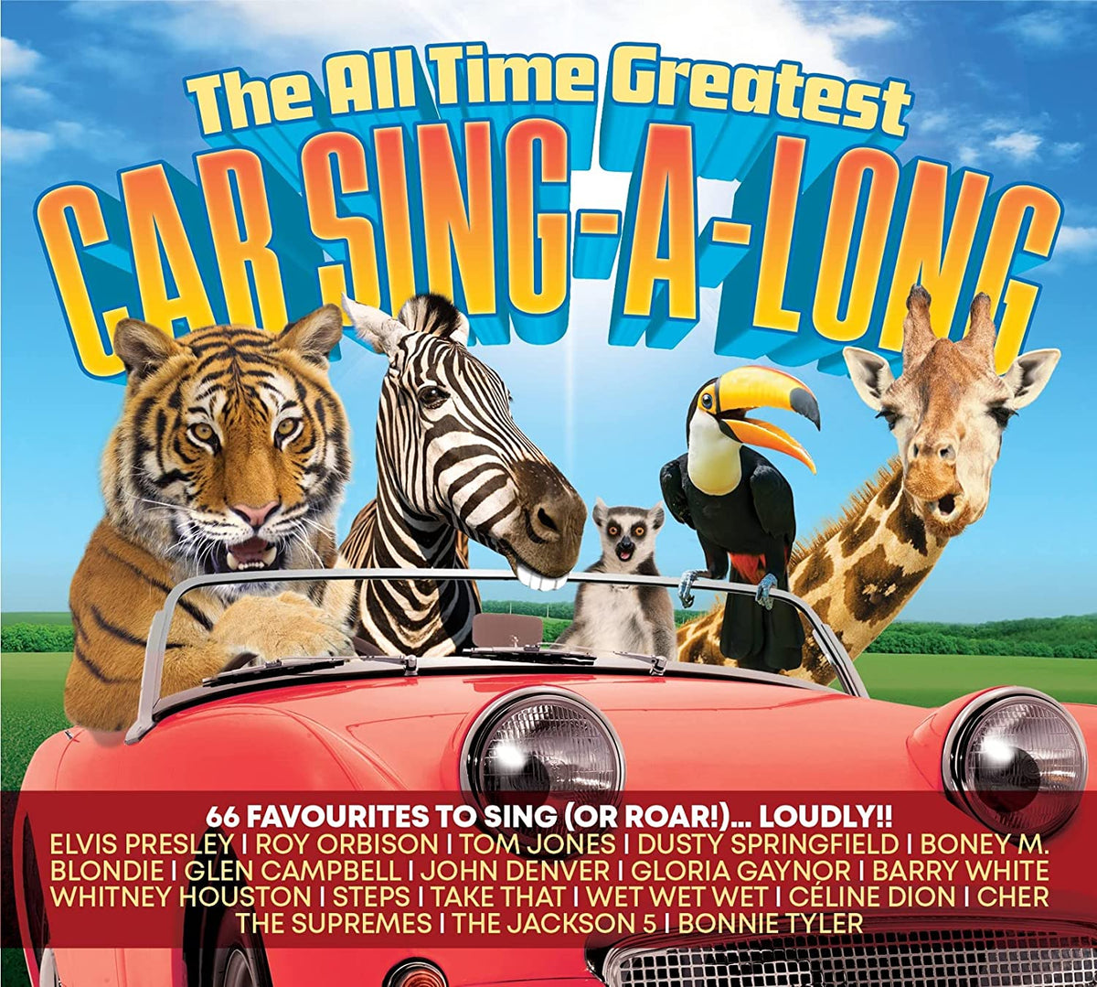 CD cover: animals riding in a red convertible car.