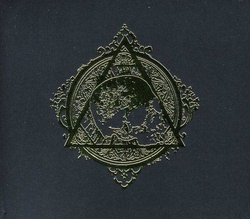 A gold, ornate, triangular emblem featuring a skull on a solid black background.