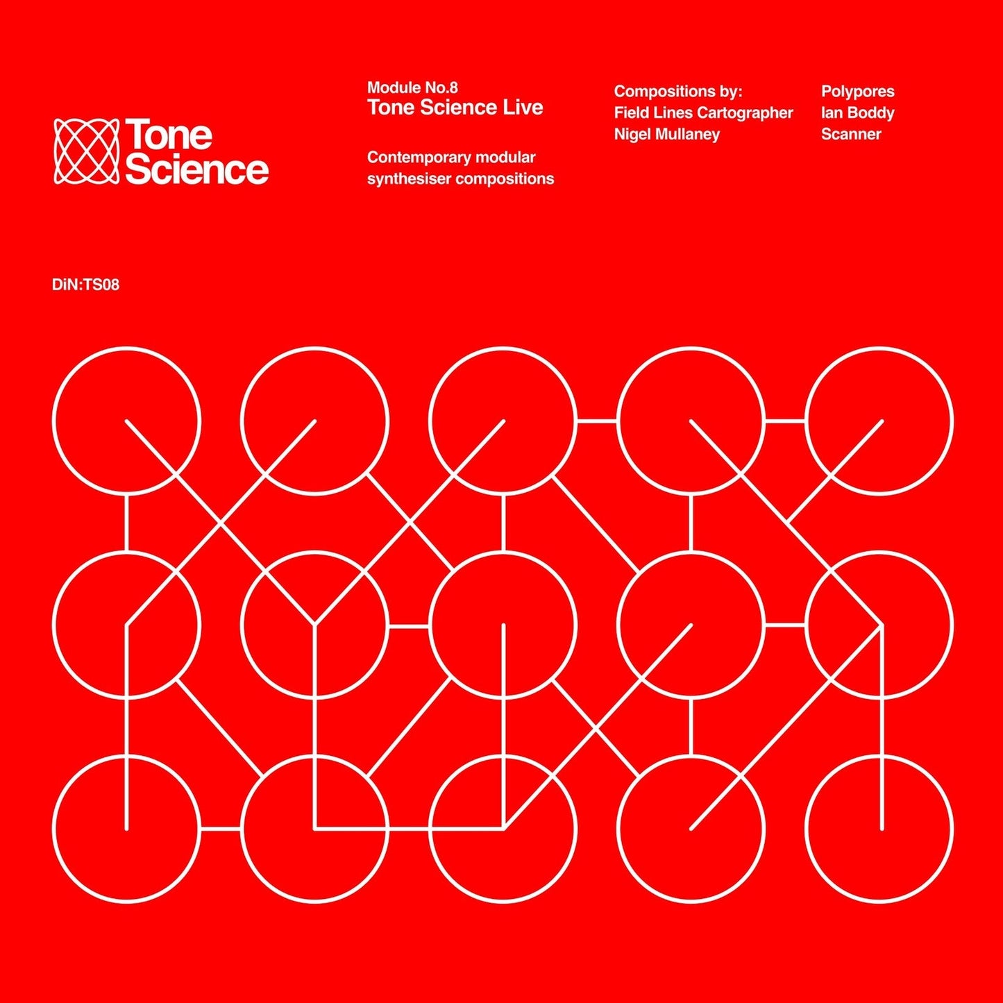 Red CD cover with white abstract circuit-like design and text.