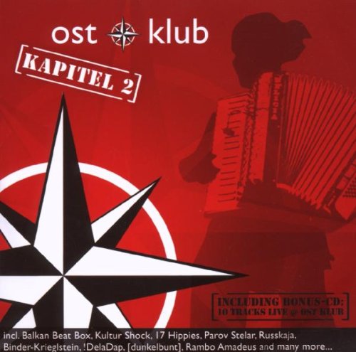 Red album cover with a star, accordion player silhouette, and text "klub Kapitel 2".