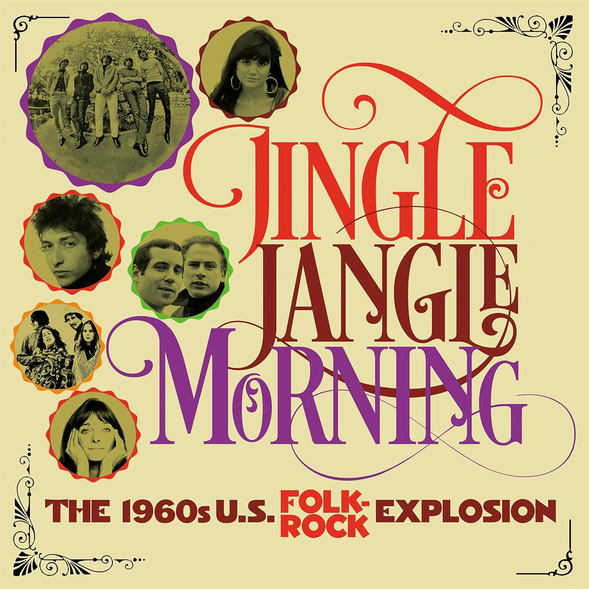 Album cover for “Jingle Jangle Morning,” featuring 1960s musicians’ portraits.