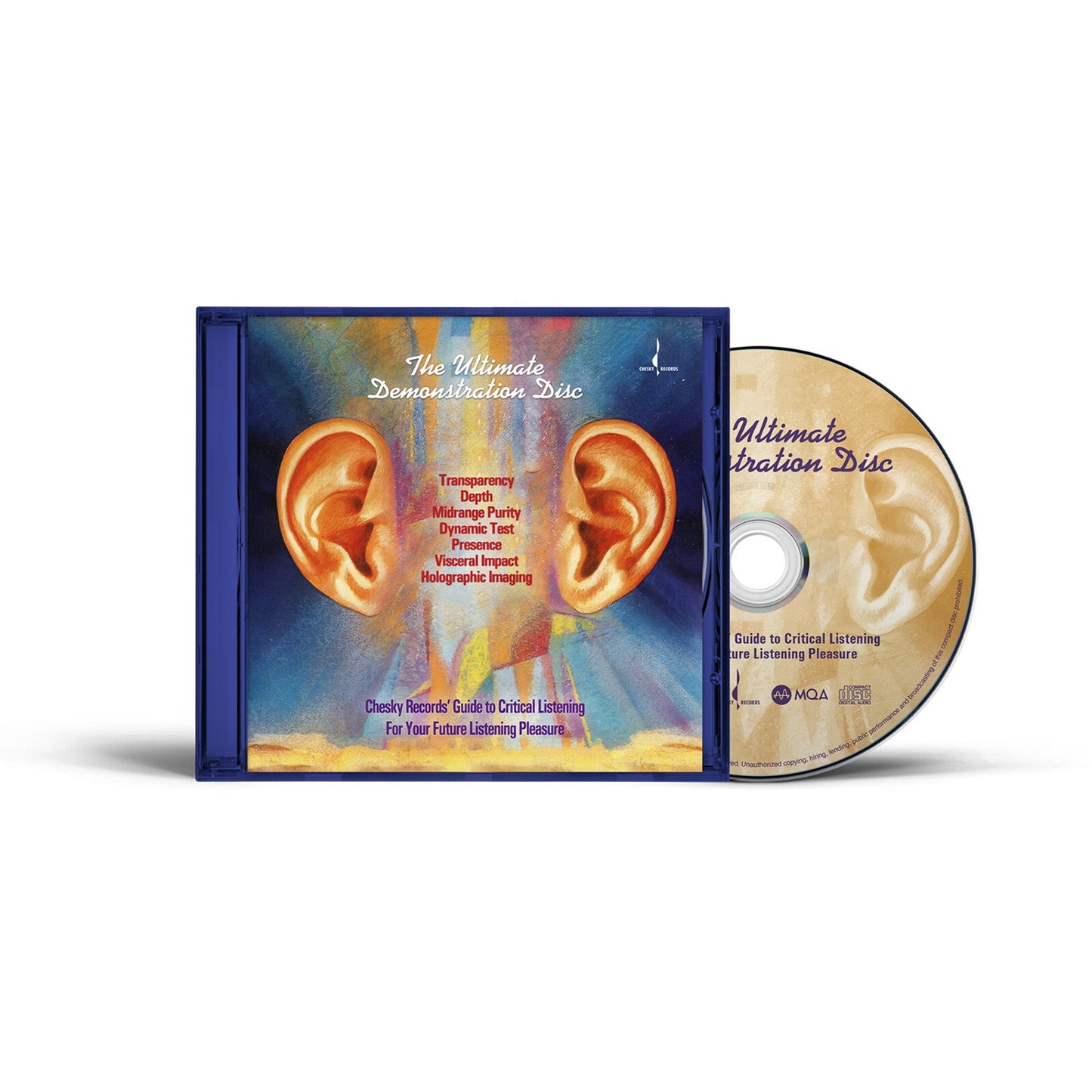 CD case with a blue and gold image of ears and text about audio quality.
