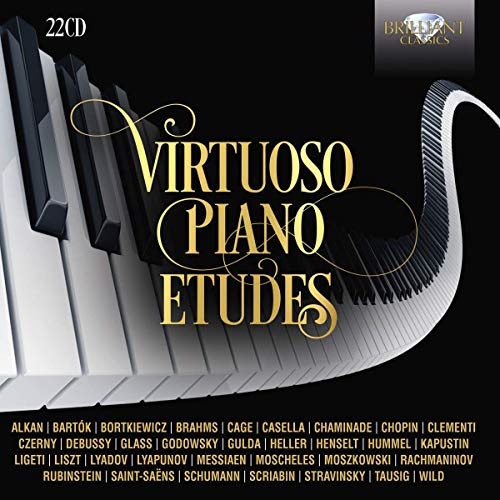 CD cover: piano keys with gold text "Virtuoso Piano Etudes" and composer names.