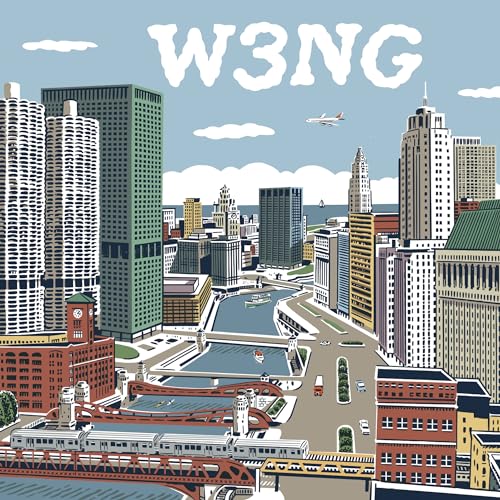 Illustration of a city skyline with bridges, a river, and a train, labeled W3NG.