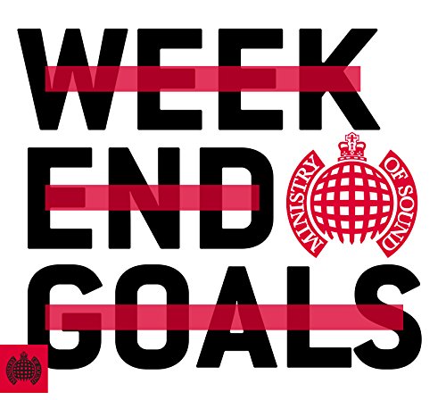"Album cover with 'WEEKEND GOALS' text, Ministry of Sound logo, and red strike-through lines on white."