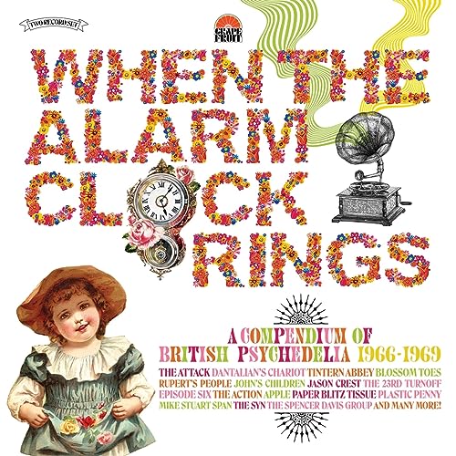 Record cover with colorful floral text, vintage illustrations, and band names listed.