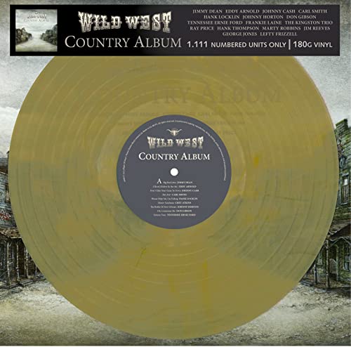 Marbled yellow vinyl record for “Wild West Country Album” with artist names listed.