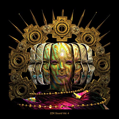 Surreal artwork of a multi-faced figure with a golden mechanical halo against black background.