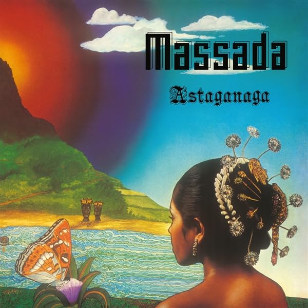 Album cover for "Astaganaga" featuring a woman, butterfly, and landscape.