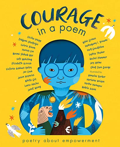 Book cover with a blue-skinned child on a yellow background surrounded by names.