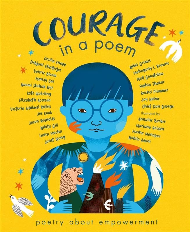 Book cover with yellow background, featuring a blue-skinned child and a roaring lion illustration.