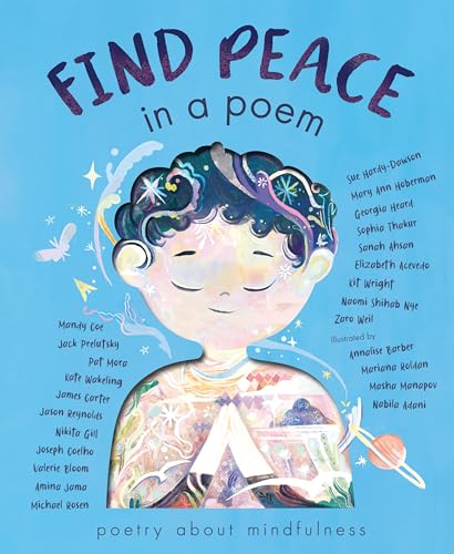 Book cover showing a peaceful child meditating against a blue background with whimsical illustrations.
