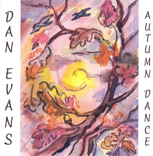Watercolor painting of branches and falling leaves with text "Dan Evans Autumn Dance".