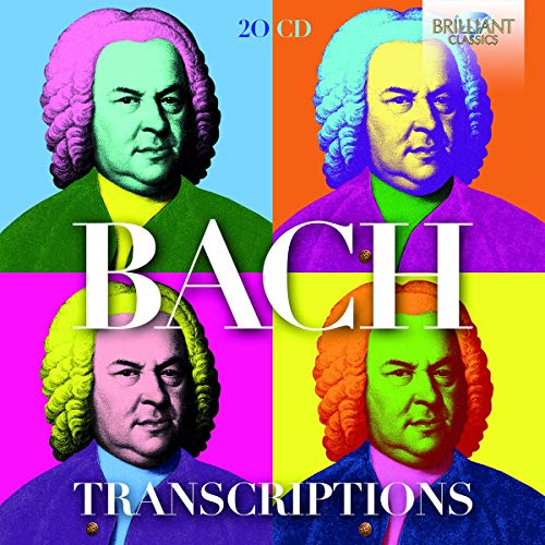Album cover with four multicolored portraits of Bach and "Bach Transcriptions" text.