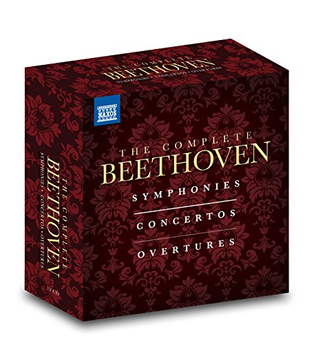 Red patterned box set of Beethoven symphonies, concertos, and overtures on CD.