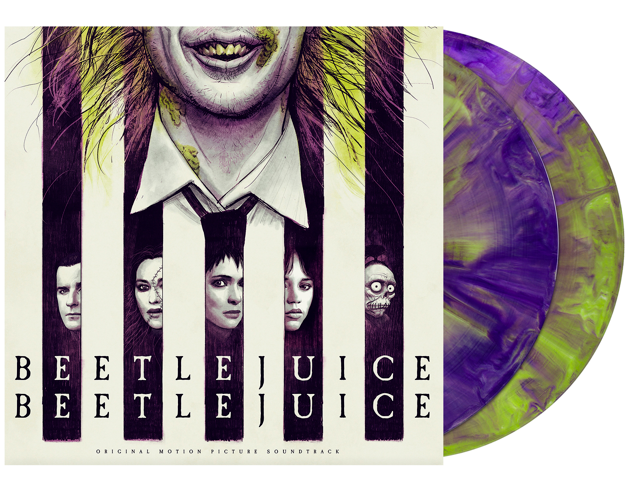 Beetlejuice soundtrack vinyl record with character portraits and purple swirl pattern.