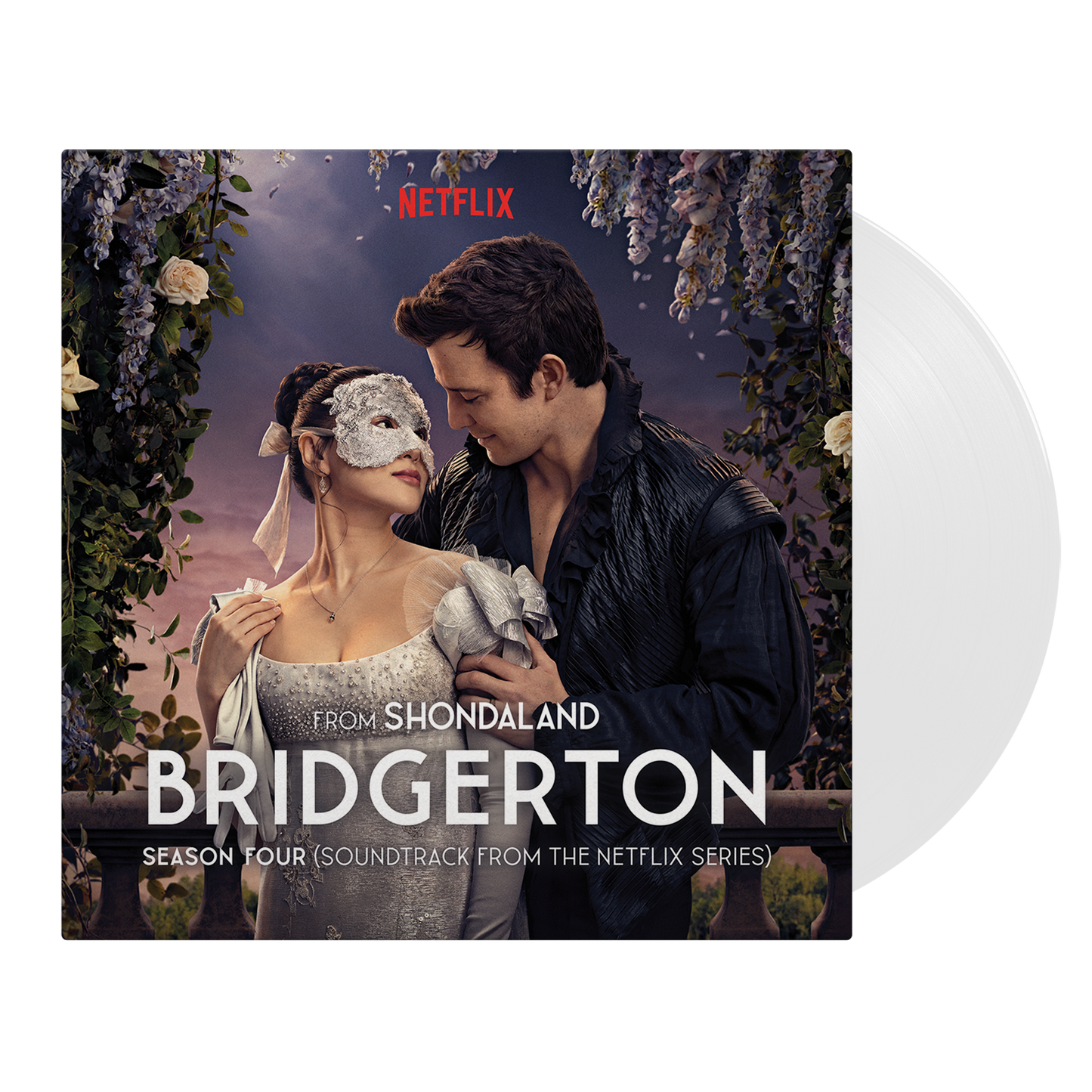 Bridgerton Season Four soundtrack vinyl record with couple in masks.