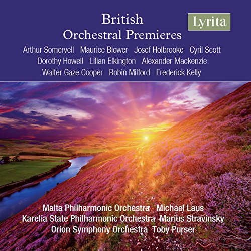 CD cover for “British Orchestral Premieres” with a landscape sunset image.