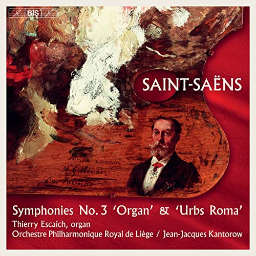 CD cover featuring composer Camille Saint-Saëns and abstract red artwork.