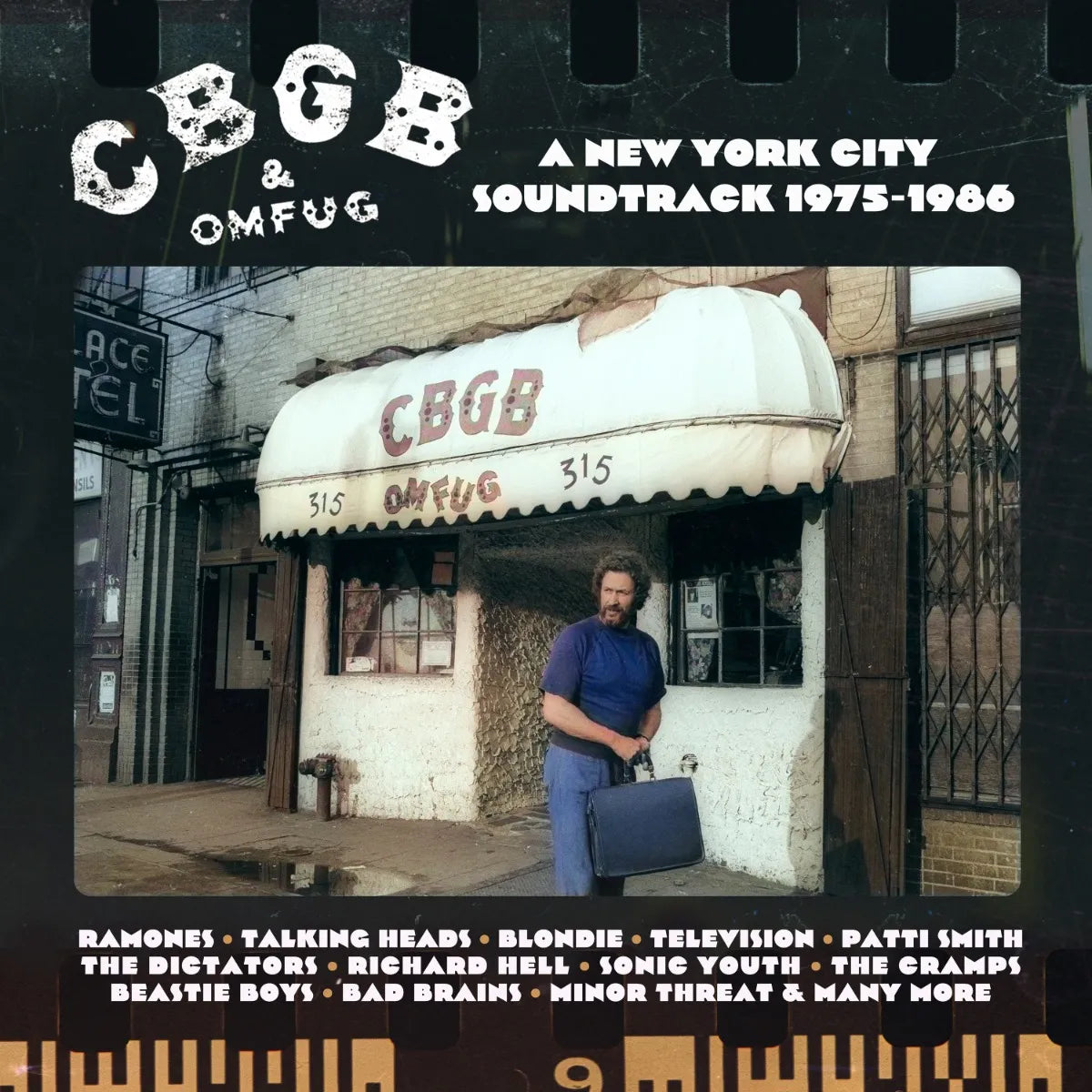 CBGB club exterior with a man standing in front, album cover.