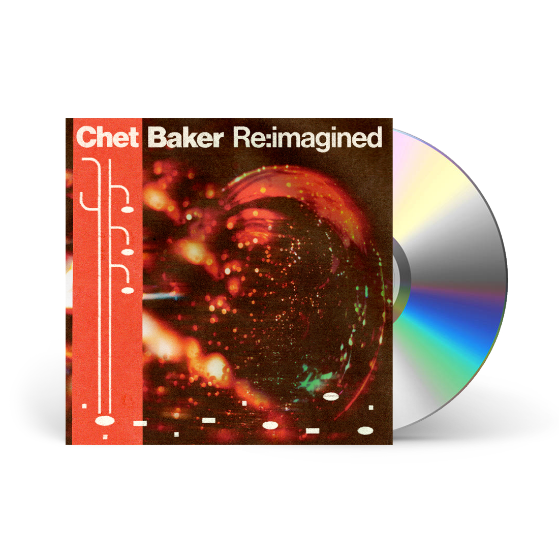 CD case for “Chet Baker Re:imagined” with abstract red and black cover art.