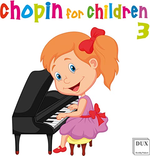 Cartoon of a girl playing a black piano, album cover for Chopin for Children.