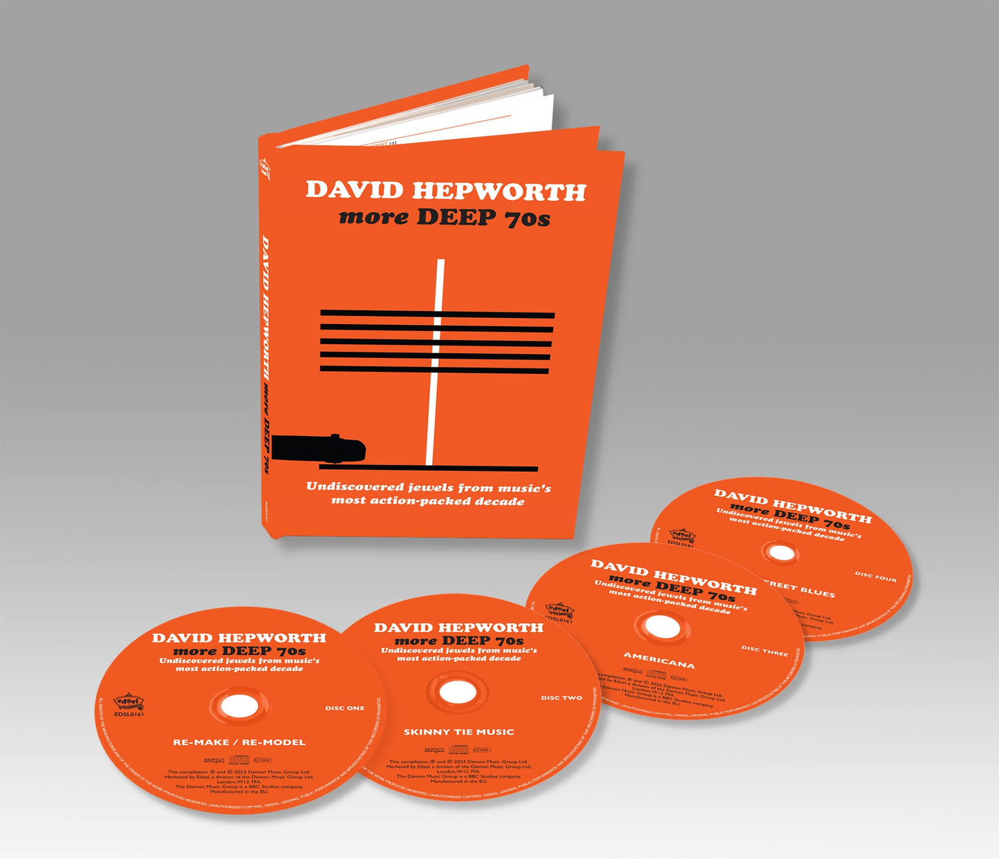 Orange CD package with four discs, titled “David Hepworth’s More Deep 70s.”