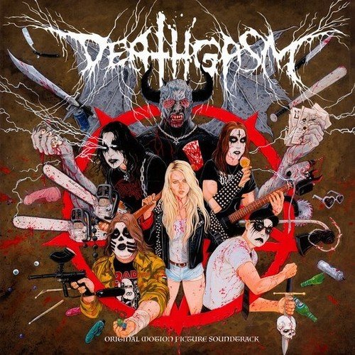 DEATHGASM" vinyl album cover with demonic figures and violent imagery.