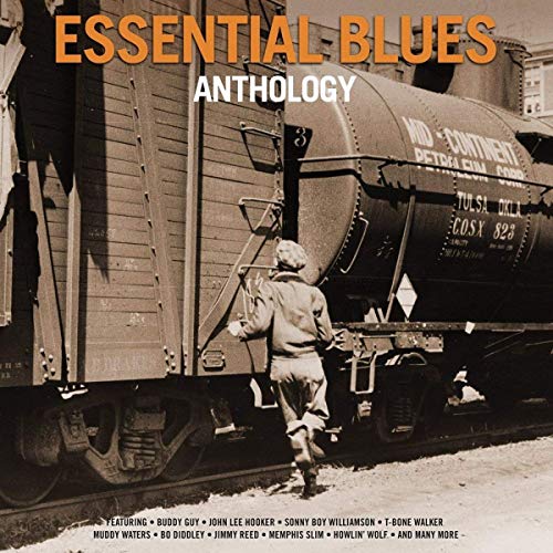Vintage album cover featuring a man by a train car, “Essential Blues Anthology.”