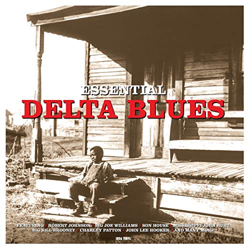 Album cover for “Essential Delta Blues” featuring a seated boy and porch.