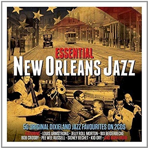 CD cover for “Essential New Orleans Jazz” featuring a vintage jazz band.
