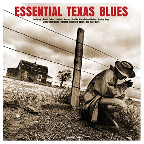 Album cover for "Essential Texas Blues" featuring a man near a weathered house.