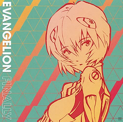 Rei Ayanami from Evangelion on a teal and orange geometric background with album text.