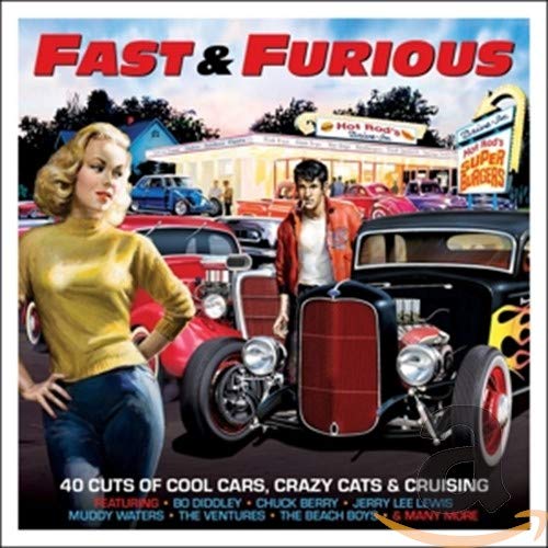 Double CD cover for “Fast & Furious” featuring classic cars and people.