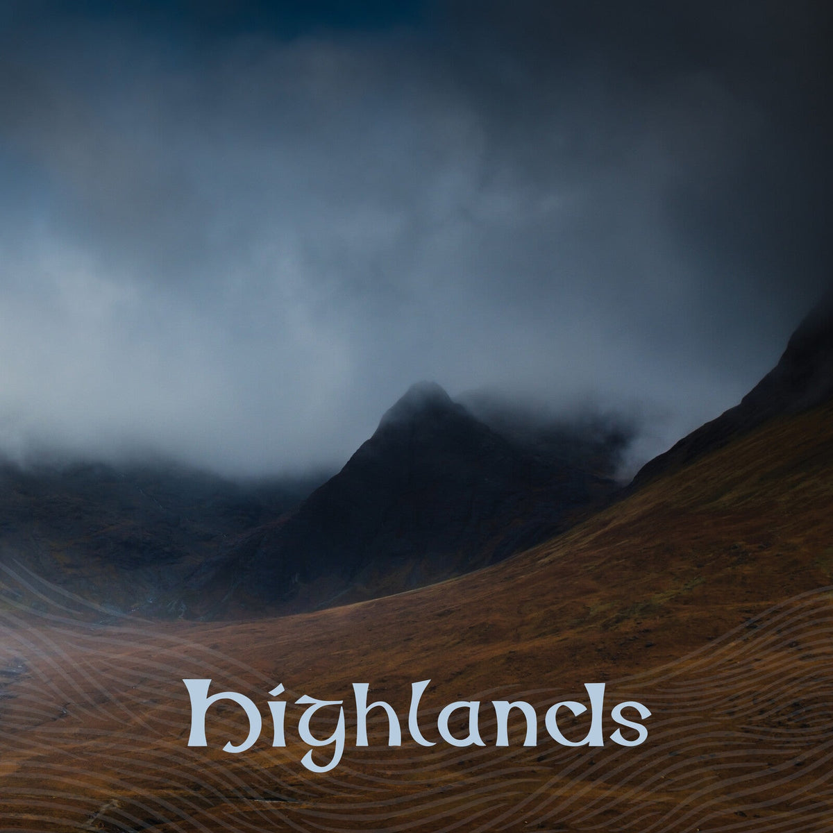 Dark, misty mountains under a cloudy sky with the word Highlands in white text.