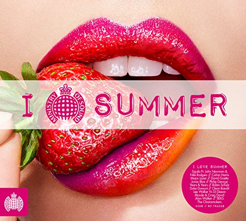 Close-up of lips biting a strawberry with I Love Summer text overlay.