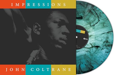āImpressionsā vinyl record featuring John Coltrane, turquoise marble effect.