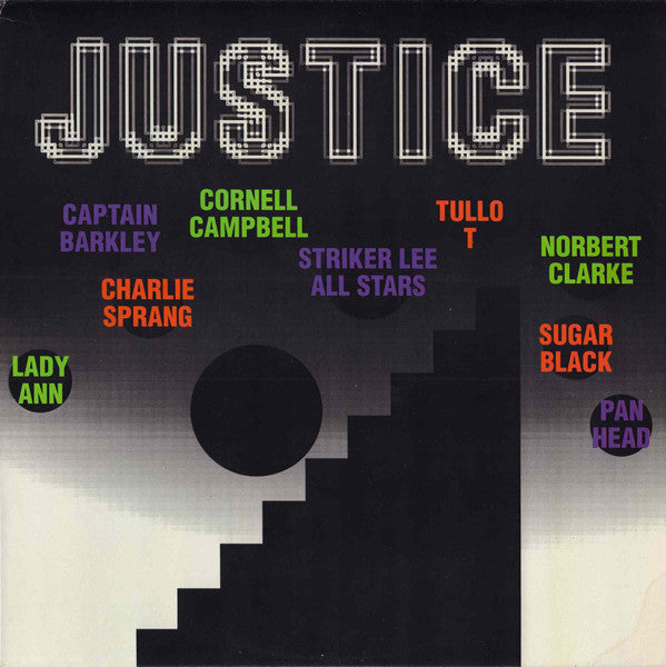 Justice" vinyl record cover with bold text and abstract staircase design.
