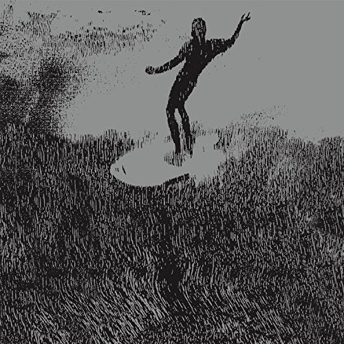 A black-and-white illustration of a surfer on a wave, on a vinyl record cover.