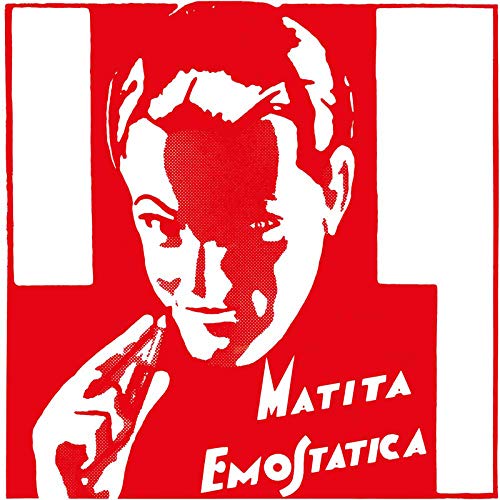 Red and white portrait of a person with the title "Matita Emostatica".