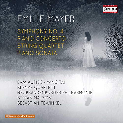CD cover for Emilie Mayer’s Symphony No. 4, featuring a woman in a misty landscape.
