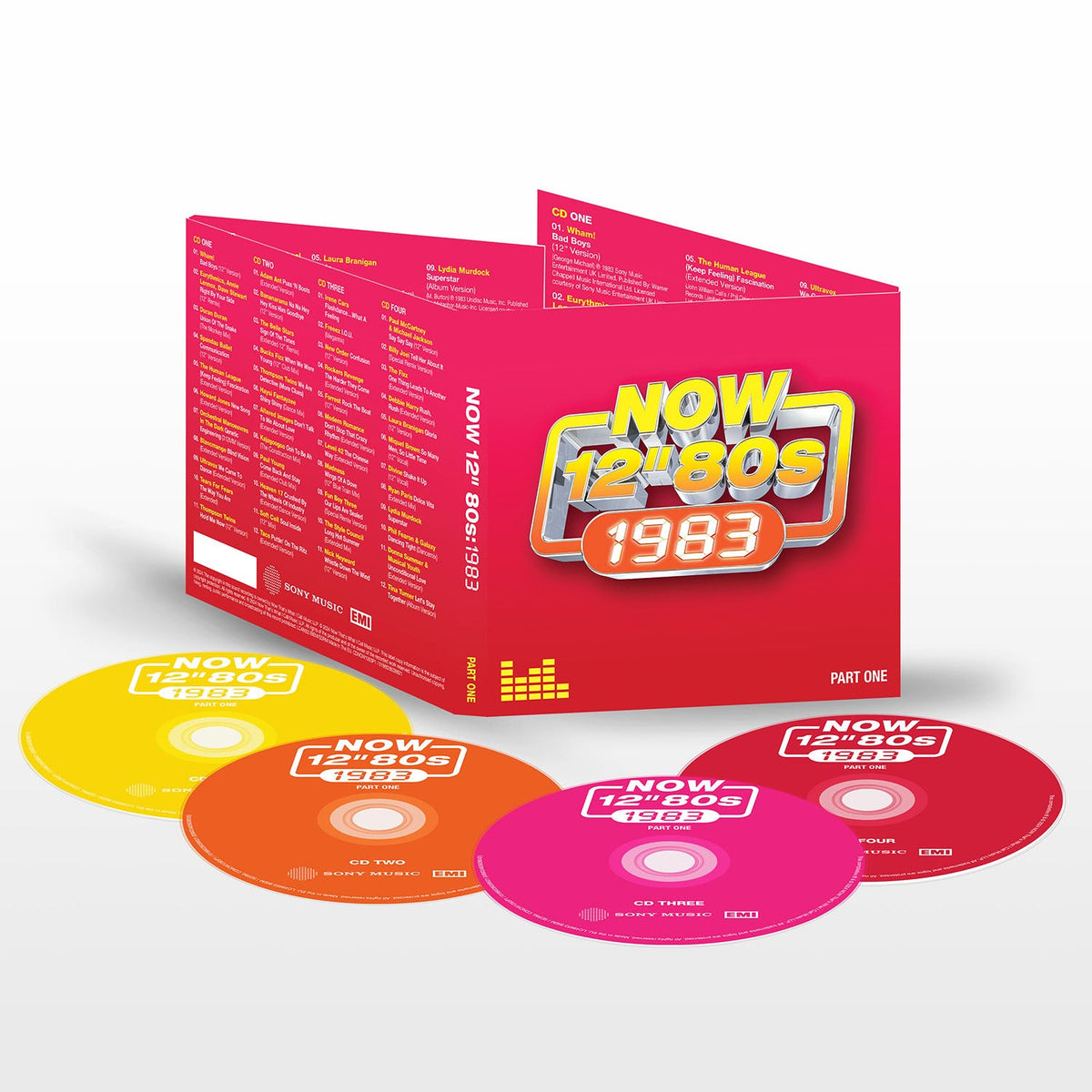 Open CD case and four colorful discs labeled NOW 12s 80s 1983 Part One.
