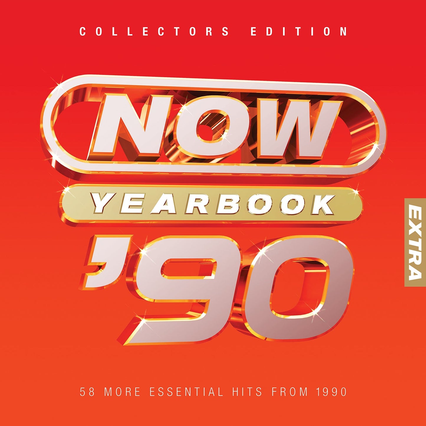 Red album cover with "NOW Yearbook '90" in gold, stylized lettering.