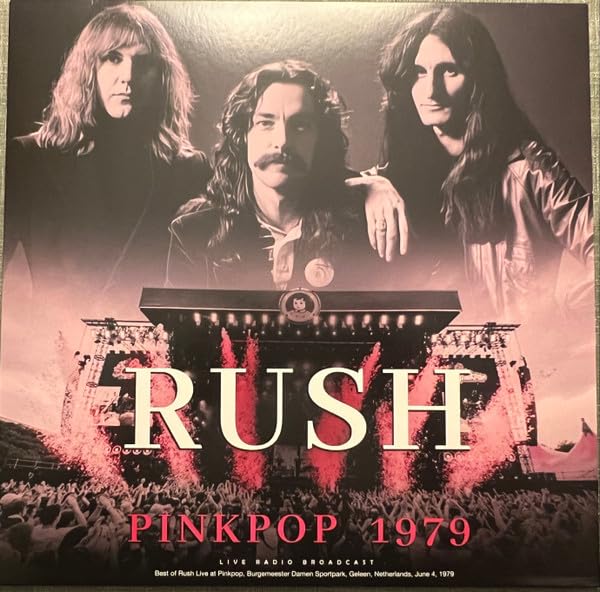 Rush album cover, Pinkpop 1979, featuring three long-haired musicians.