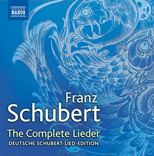 CD cover for Schubert's complete Lieder, blue swirling design, white text.