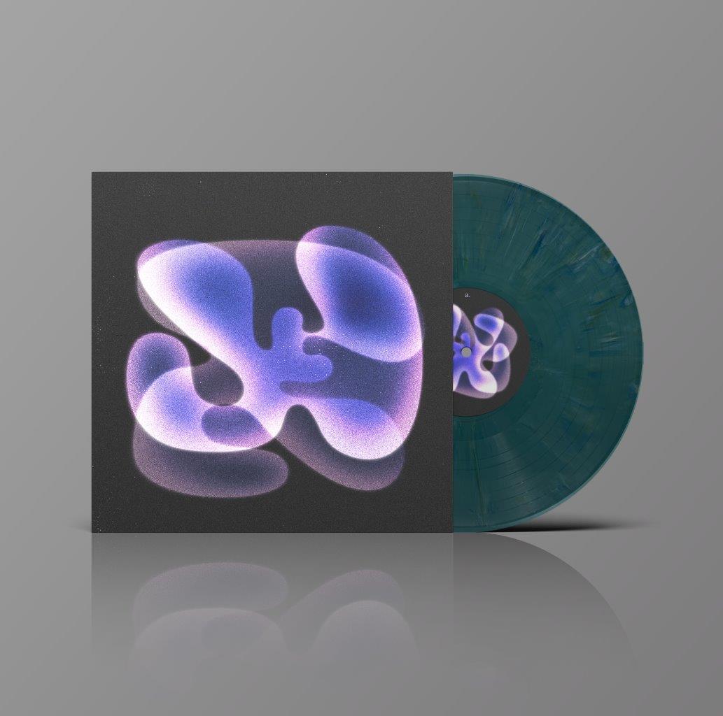 Vinyl LP with abstract purple and blue cover art, teal-colored record.