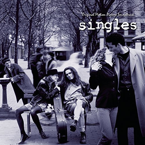 Singles" soundtrack album cover: people with instruments in a city park.