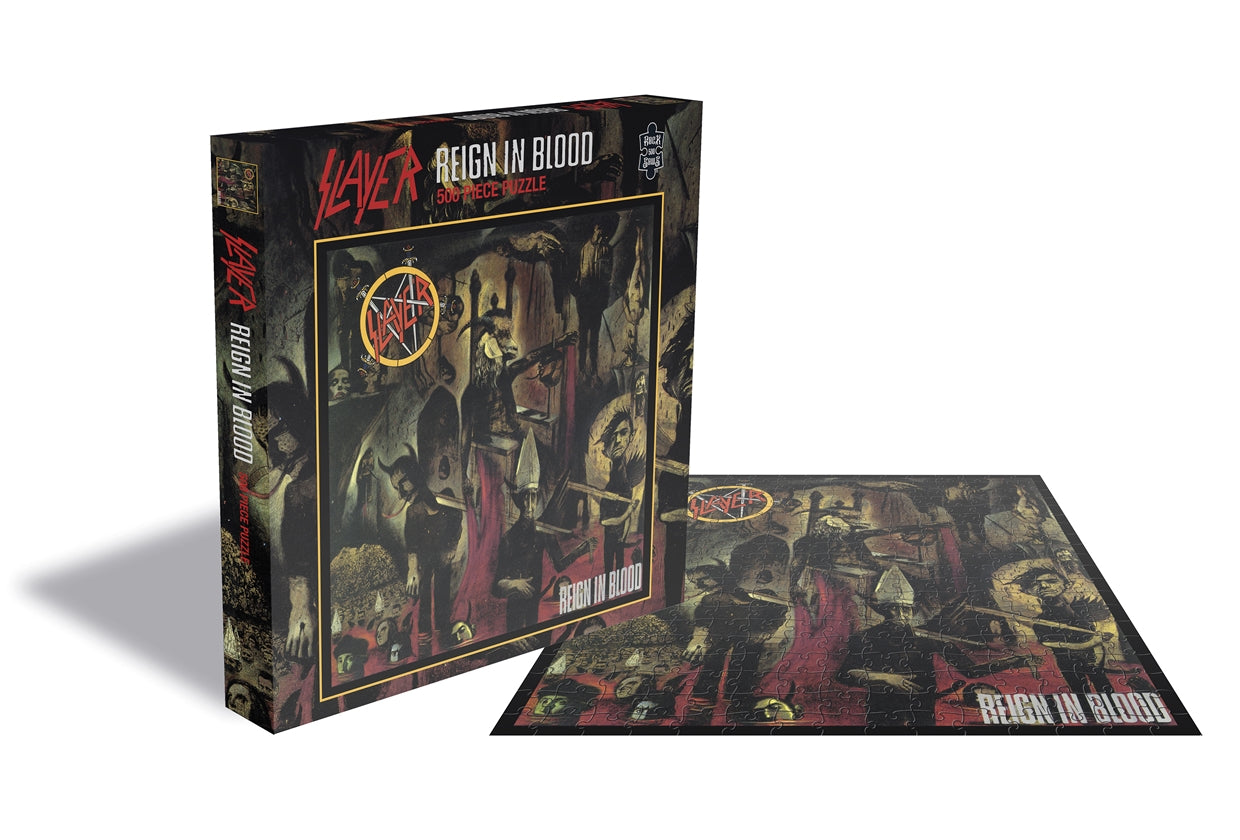 Slayer Reign in Blood 500-piece jigsaw puzzle box and completed puzzle image.