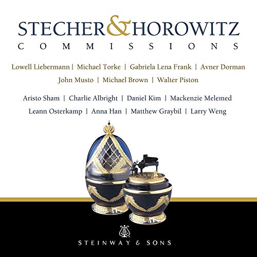 CD cover for "Stecher & Horowitz Commissions" featuring ornate eggs and a piano.