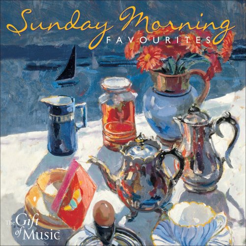 Painting of a breakfast table with tea pots, jam, and flowers by the sea.